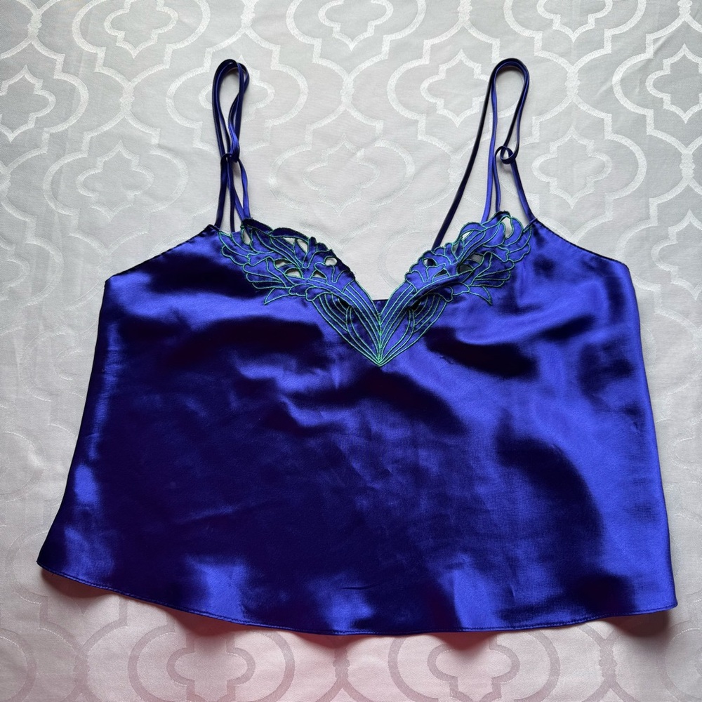 Vintage Victoria Secret Satin Blue Camisole with Embroidered Detail sz Small